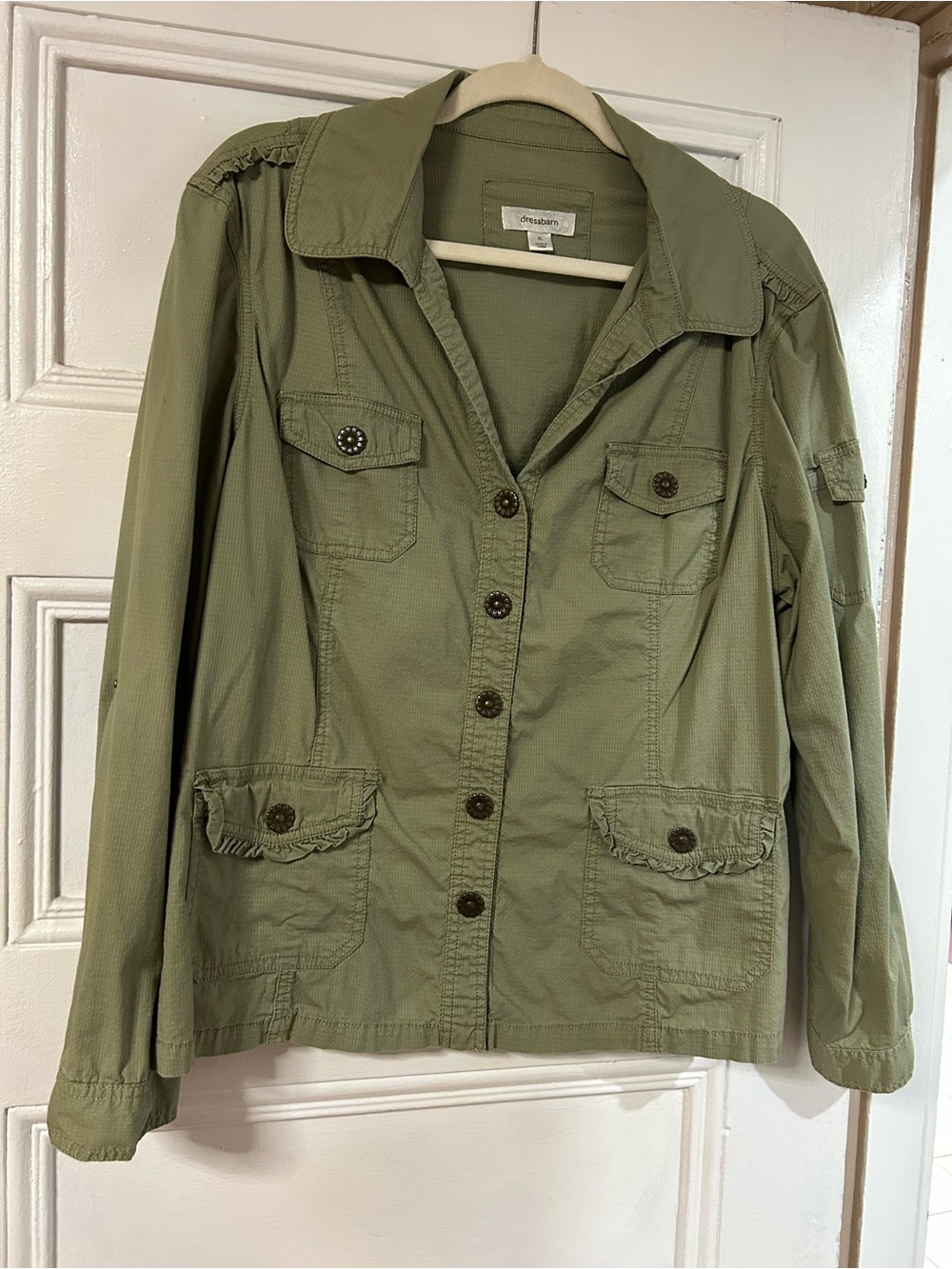 Dress Barn Olive Green Utility snap up Jacket with optional roll up sleeves.